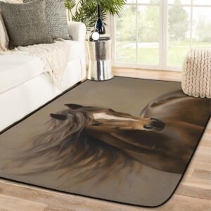 Painting Horse Rug for Living Room Brown Horse Area Rug Machine Washable Rug Non-Slip Carpet Throw Rugs Soft Bedroom Rug for Indoor Nursery Dining Room Kids Playroom Farmhouse Decor Mat 48x72in