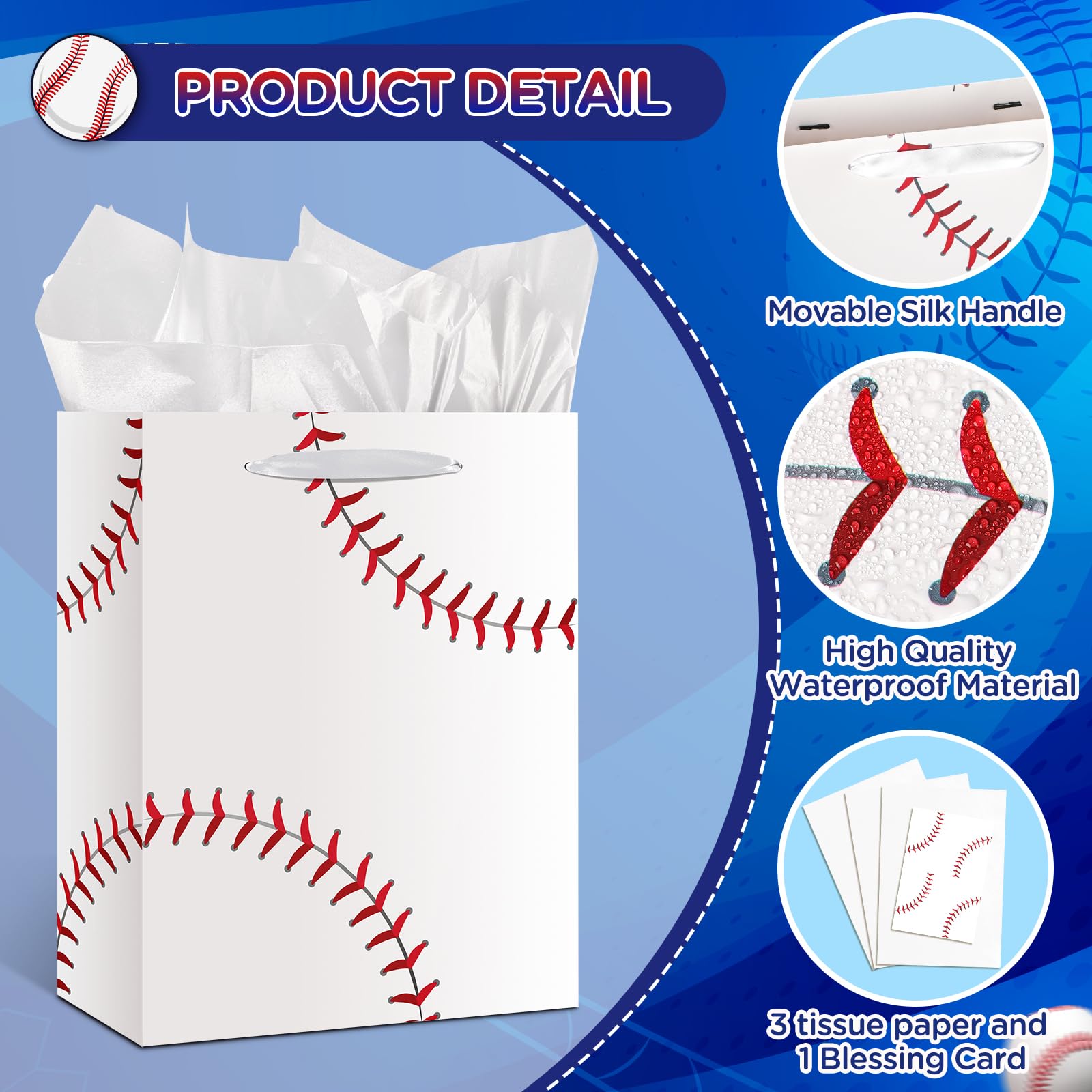 Baseball Party Gift Bag, Large White Baseball Gift Wrap Bags with Tissue Paper Greeting Card Decorations for Sport Party Favor Baseball Birthday Goodie Gifts Wrapping Bags for Kids Teens Team Supplies