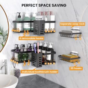 NECHEGI Corner Shower Caddy 6 Pack Strong Adhesive Shower Organizer Shelves with 20 Hooks & Soap Toothbrush Holder, Stainless Steel Corner Shower Shelves, No Drilling Adhesive Large Shower Storage