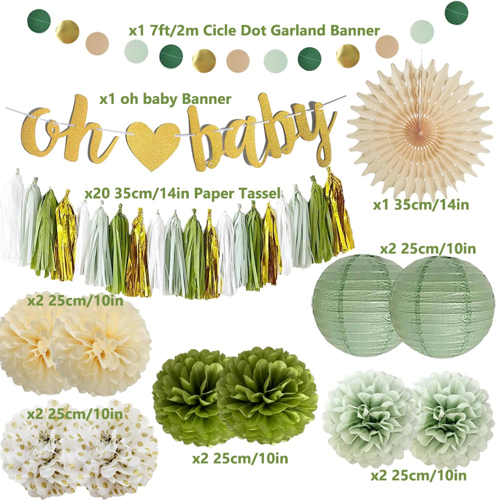 Sage Green Baby Shower Decorations Oh Baby Banner Sage Green Cream Gold Tissue Paper Pom Poms Paper Tassels Garland Circle Dots Garland for Baby Girls Boys Gender Neutral Baby Shower Party Decor