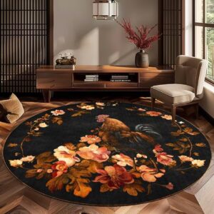 zsszo 6.6 feet round vintage rooster area rugs farmhouse chicken hen floor mats washable non skid home decor carpet for living dinning room bedroom