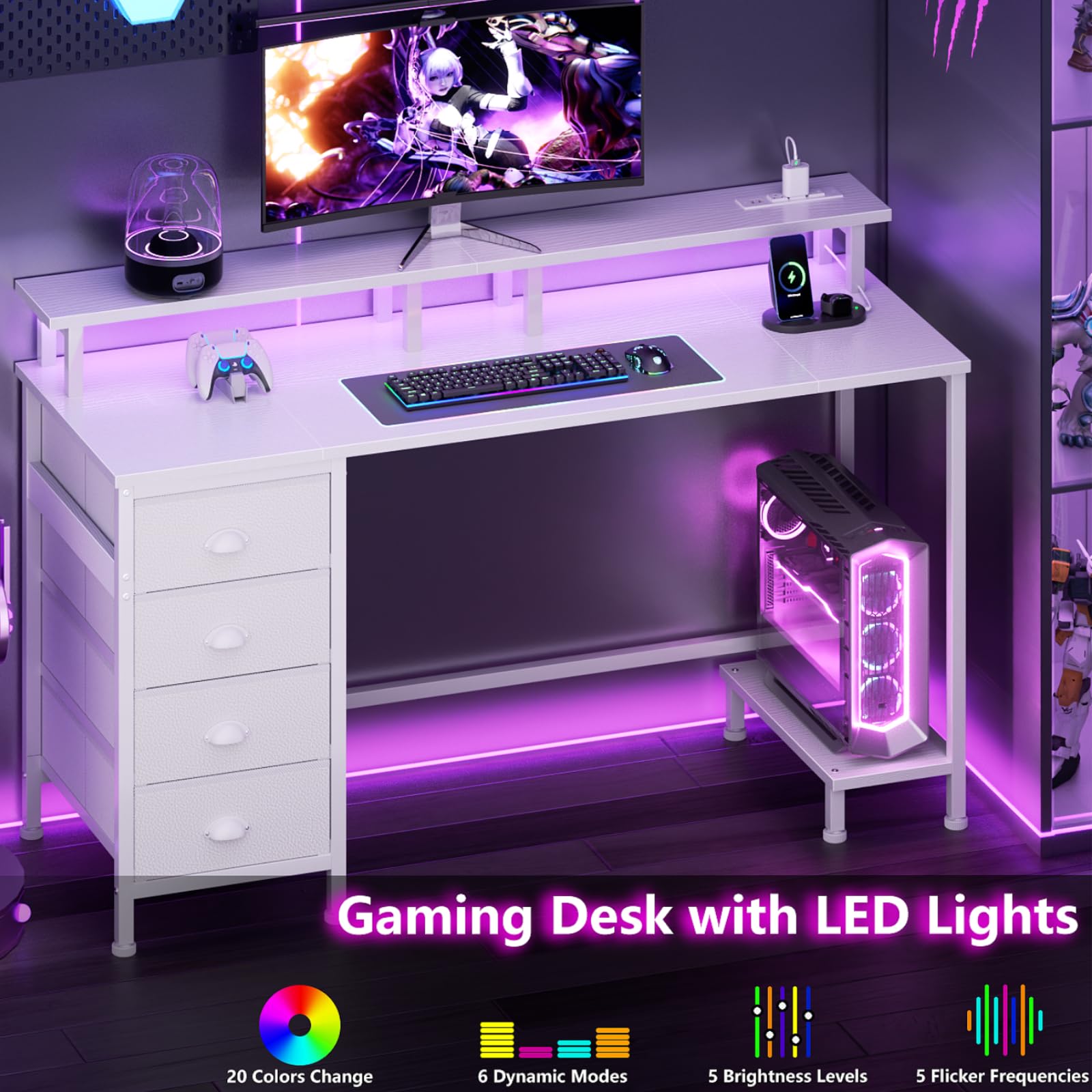 Furologee 55in Computer Desk with 4 Drawers, LED Gaming Desk with Power Outlets, Office Desk with Full Monitor Stand and Storage Shelf, Study Work Desk for Home Office Bedroom, White