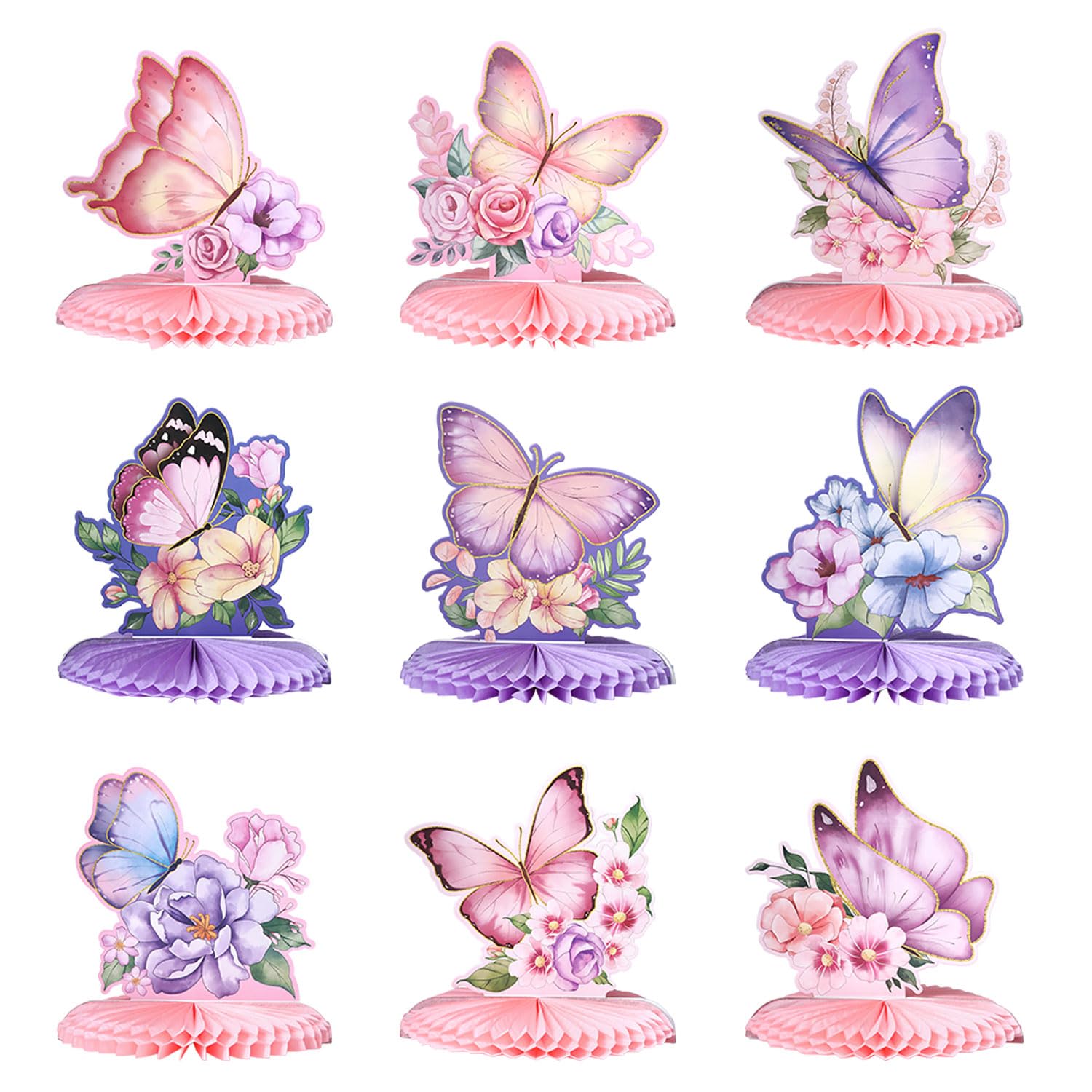 9 Pieces Butterfly Centerpieces for Tables Butterfly Birthday Party Decorations Butterfly Honeycomb Table Centerpiece for Baby Shower WeddingButterfly Themed TableSpring Summer Garden Party Decor (9)