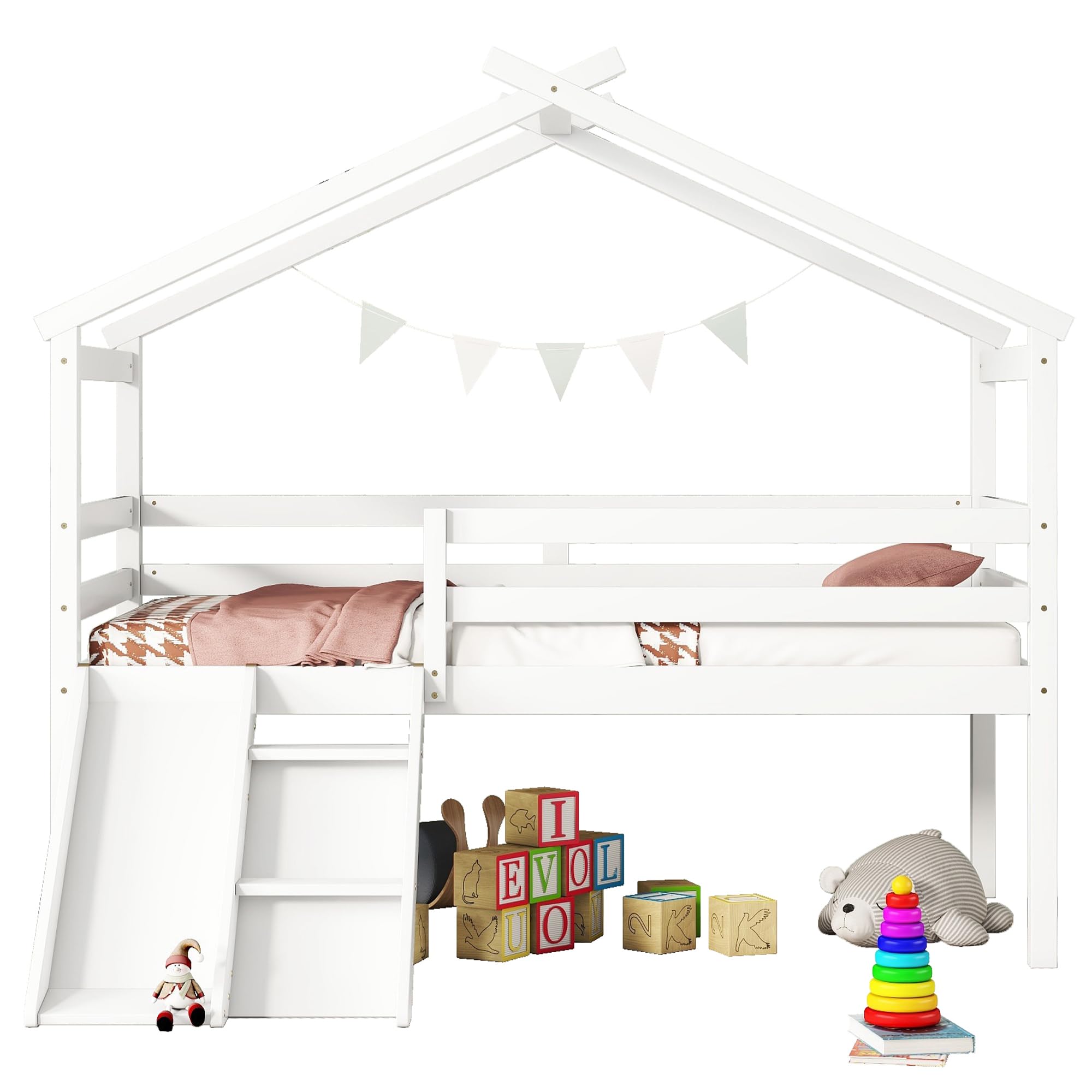 Bekeknlny Twin Low House Bed for Kids with Slide, Ladder, Safety Guardrails, Modern Wood Loft Bed for Boys Girls, No Box Spring Needed (White/House*L, Twin)