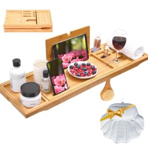 Bathtub Caddy Tray, Expandable Bamboo Bath Tray Waterproof for Tub with Wine Holder Built in Book Tablet Integrated Wineglass Holder Phone Tray & Accessories Placement（expands to 43 inches）