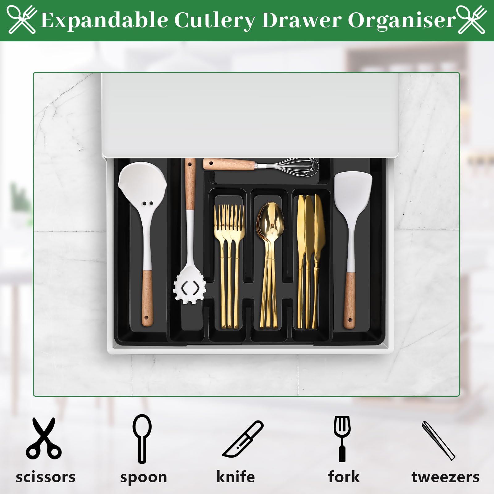 Dntorx Utensil Drawer Organizer, Expandable Silverware Drawer Organizer Adjustable Kitchen Drawer Organizer Cutlery Drawer Utensil Tray Flatware Tray for Forks Spoons Knife Organizer(Large, Black)