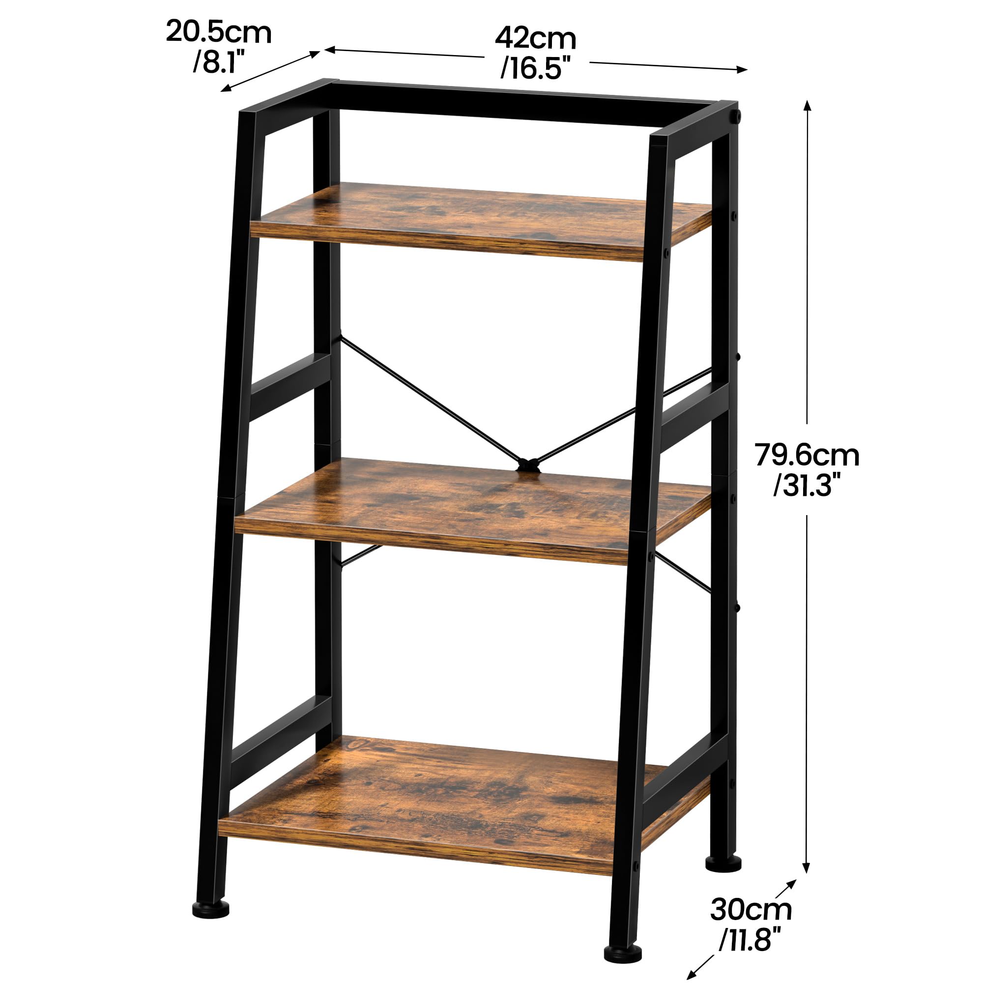 3-Tier Bookshelf, Ladder Shelf, Industrial Bookcase with Steel Frame, Metal Small Bookcase, for Living Room, Home Office, Kitchen, Bedroom, Industrial Style（Rustic Brown & Black）