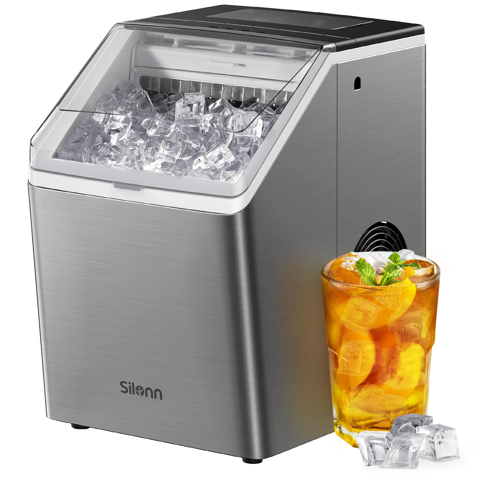 Silonn Ice Makers Countertop, 44lbs Per Day, 2 Ways to Add Water, Auto Self-Cleaning, Stainless Steel Ice Machine for Home Office Bar Party