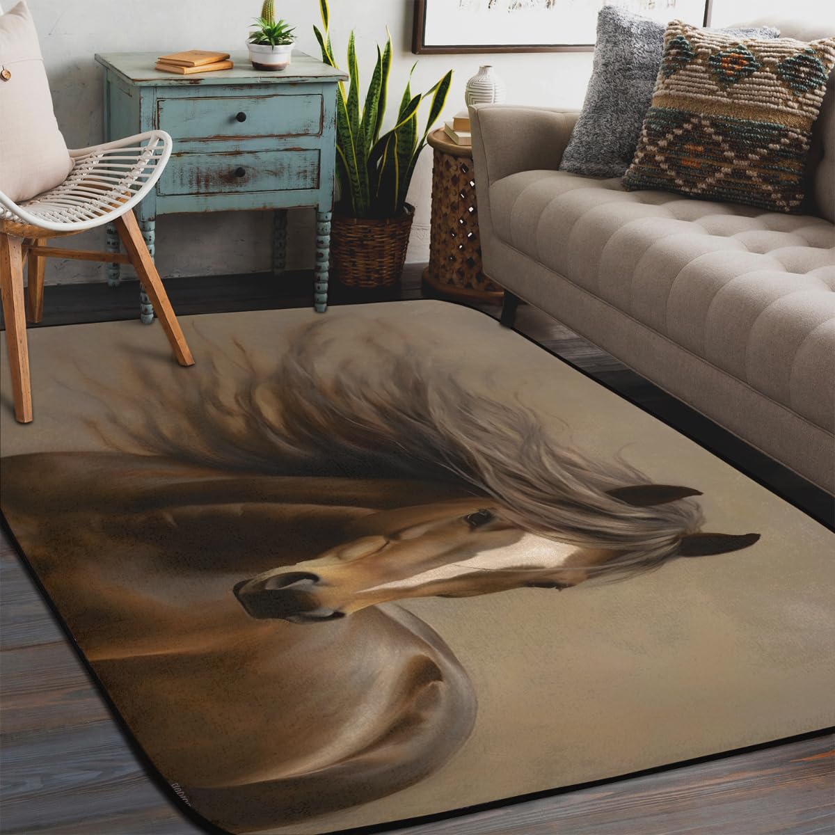 Painting Horse Rug for Living Room Brown Horse Area Rug Machine Washable Rug Non-Slip Carpet Throw Rugs Soft Bedroom Rug for Indoor Nursery Dining Room Kids Playroom Farmhouse Decor Mat 48x72in