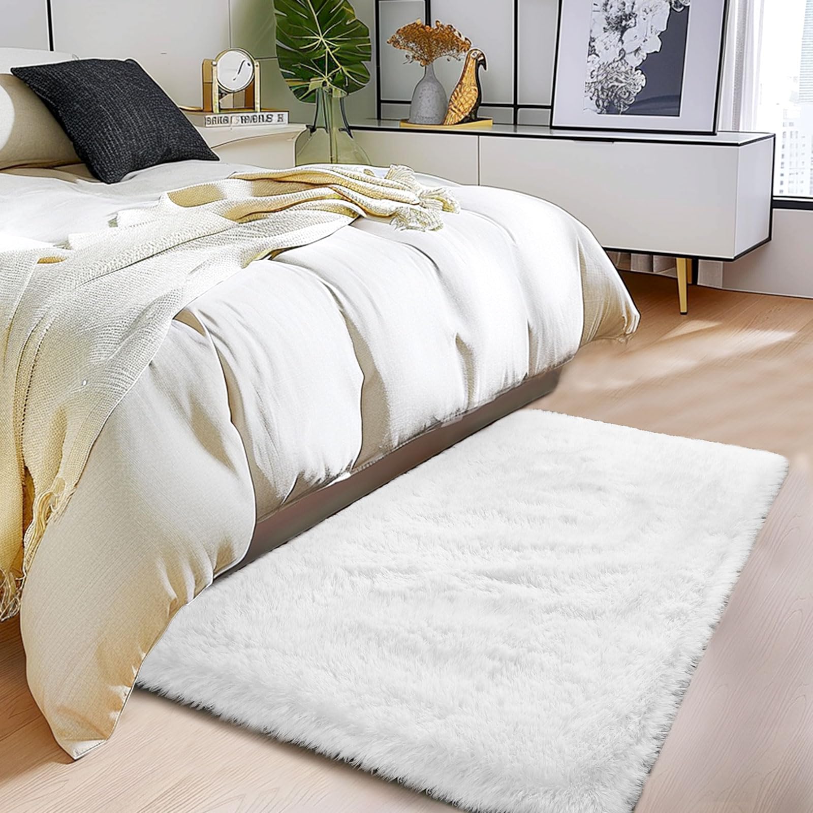 White Fluffy Rug for Bedroom White Fuzzy Rug Non-Slip Indoor Floor Carpet for Living Room Anti-Skid Rectangular Fuzzy Rug 2x3