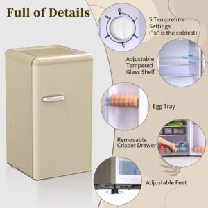 rosmena Retro Mini Fridge for Bedroom, 3.5 Cu.Ft Mini Fridge with Freezer, Mini Dorm Fridge with Thermostat Control, Small Fridge for Bedroom, Office, Dorm, Kitchen, Living Room(Gold)