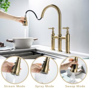 Kitchen Faucet with Pull Down Sprayer, Kitchen Sink Faucet 360° Swivel, 2 Handle Kitchen Faucet 3 Holes, Stainless Steel Kitchen Faucet Gold