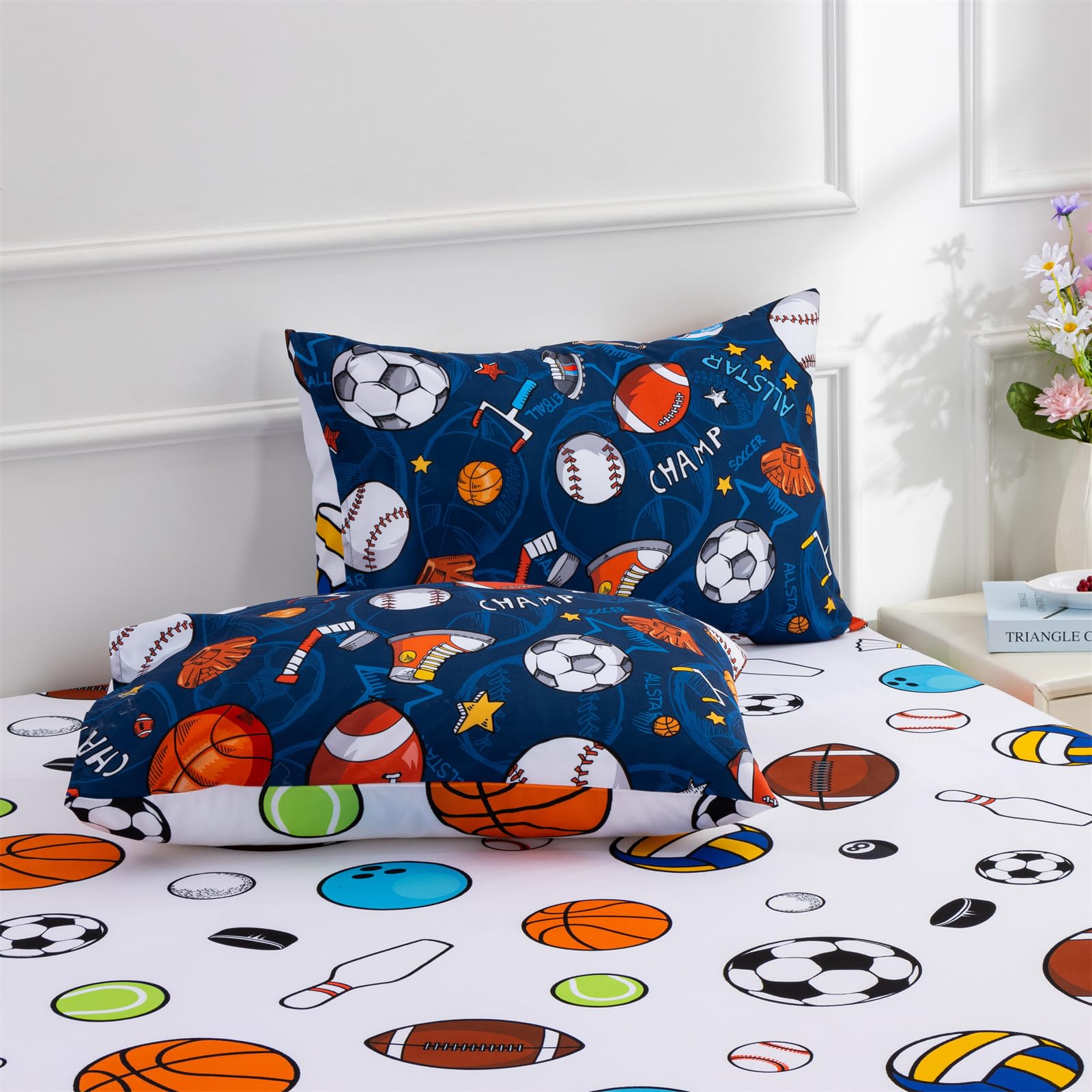 A Nice Night 6Pcs Bed in A Bag Twin Sports Microfiber Modern Comforter Set,Navy Rugby Ball Printed Bedding Collections,for Boys Kids Teen