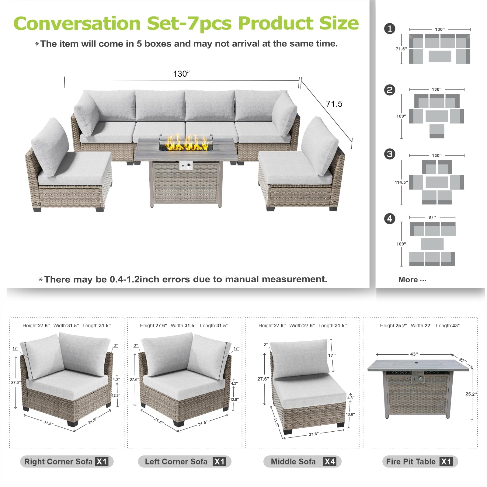 SUNPEAK Patio Furniture Set Q01 Series Sofa 7 Pieces Outdoor Furniture Set Sectional Couch with Fire Pit Table Balcony Furniture Patio Table and Chairs Set with Propane Fire Pit