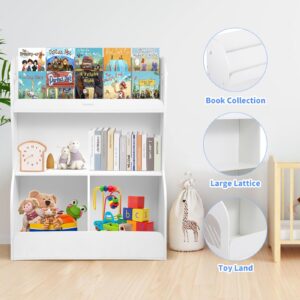 Asweets 2 in 1 Kids Bookshelf & Montessori Toy Storage Cubby, 3 Tiers Children Wooden Bookcase, Fit for Kids Room, Playroom, Kindergarten, Nursery, 31.5''L x 14.6''W x 39.4''H (White)