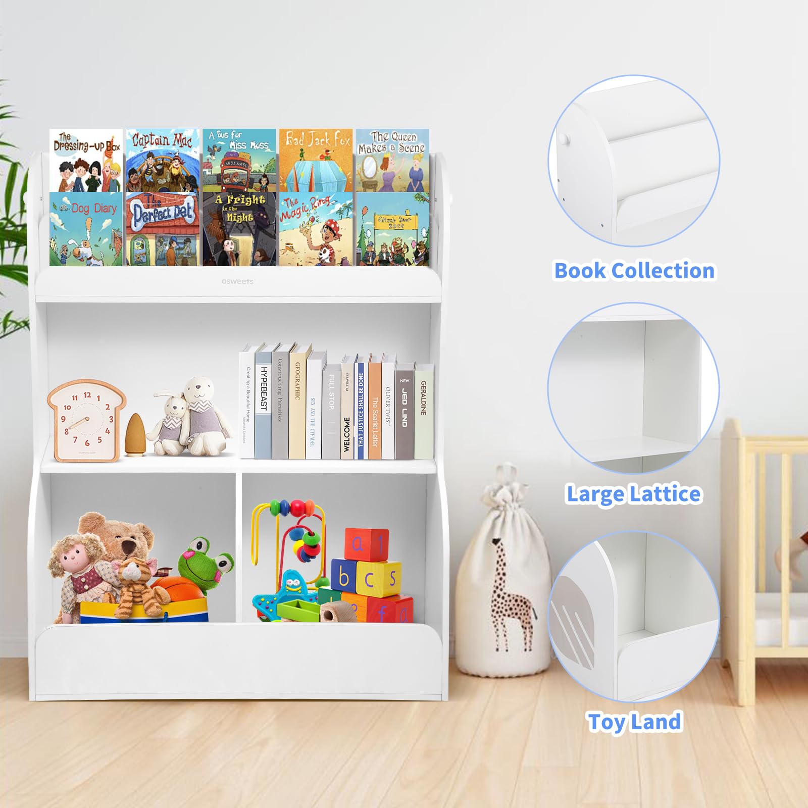 Asweets 2 in 1 Kids Bookshelf & Montessori Toy Storage Cubby, 3 Tiers Children Wooden Bookcase, Fit for Kids Room, Playroom, Kindergarten, Nursery, 31.5''L x 14.6''W x 39.4''H (White)