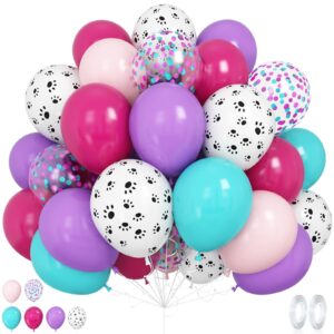 pink purple blue balloons, 12 inch dog paw print balloons, hot pink purple teal blue latex balloons with confetti balloon for dog paw themed boys girls kids birthday baby shower paw patrol party decor