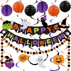 meowtastic happy halloween banner decorations - halloween banner with honeycomb ball, halloween hanging swirl streamer, circle dot garland decorations for halloween theme party decorations