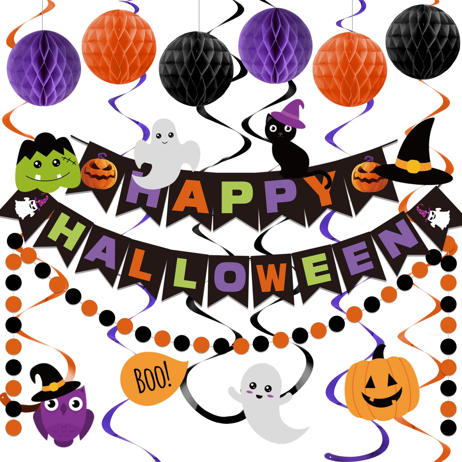 meowtastic Happy Halloween Banner Decorations - Halloween Banner with Honeycomb Ball, Halloween Hanging Swirl Streamer, Circle Dot Garland Decorations for Halloween theme Party Decorations