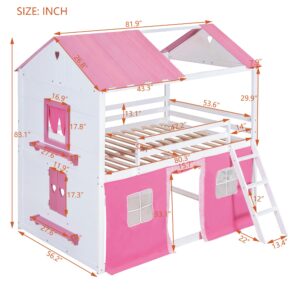 Merax Full Over Full Bunk Wood House Bed with Elegant Windows, Sills and Tent, Pink+White