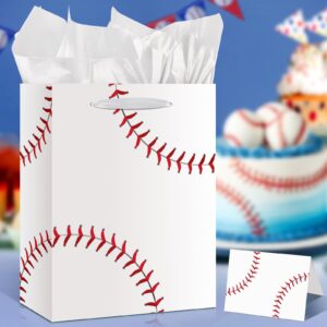 baseball party gift bag, large white baseball gift wrap bags with tissue paper greeting card decorations for sport party favor baseball birthday goodie gifts wrapping bags for kids teens team supplies