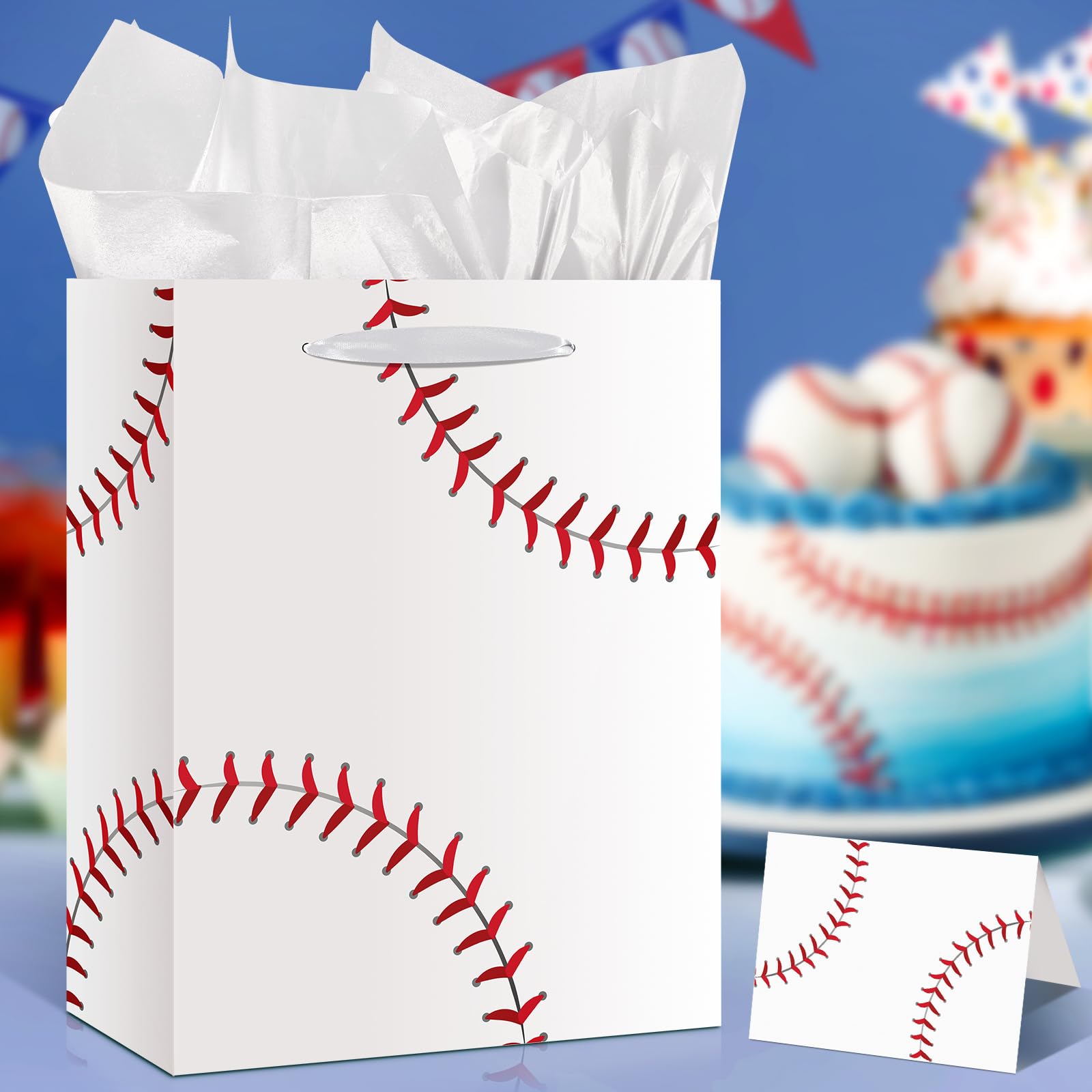 Baseball Party Gift Bag, Large White Baseball Gift Wrap Bags with Tissue Paper Greeting Card Decorations for Sport Party Favor Baseball Birthday Goodie Gifts Wrapping Bags for Kids Teens Team Supplies