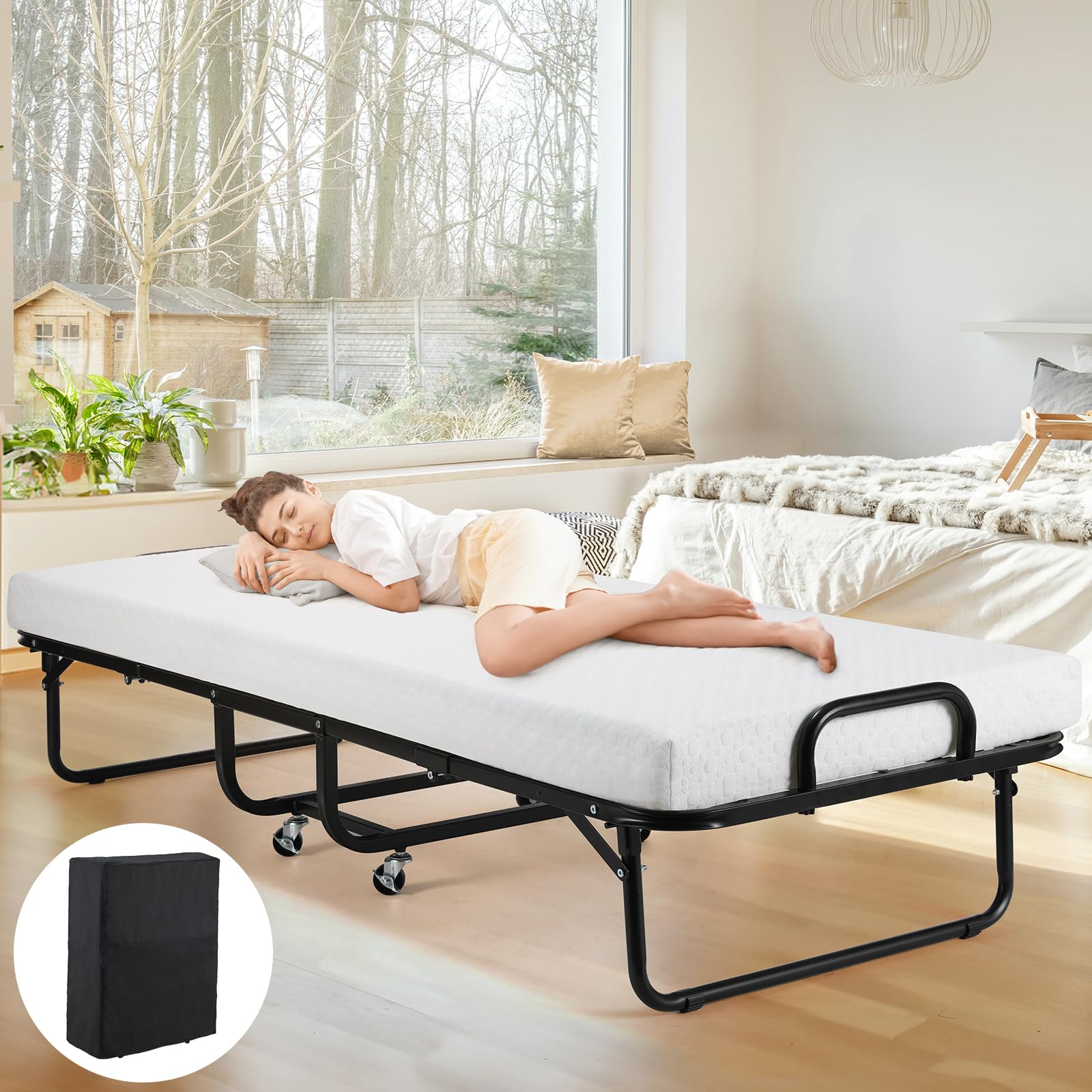 MAMIZO Folding Bed with Mattress for Adults - 75" x 31" - Cot Size, Portable Rollaway Bed with Luxurious 4 Inch Thick Memory Foam Mattress and Dust Proof Cover, Easy Storage Foldable Bed