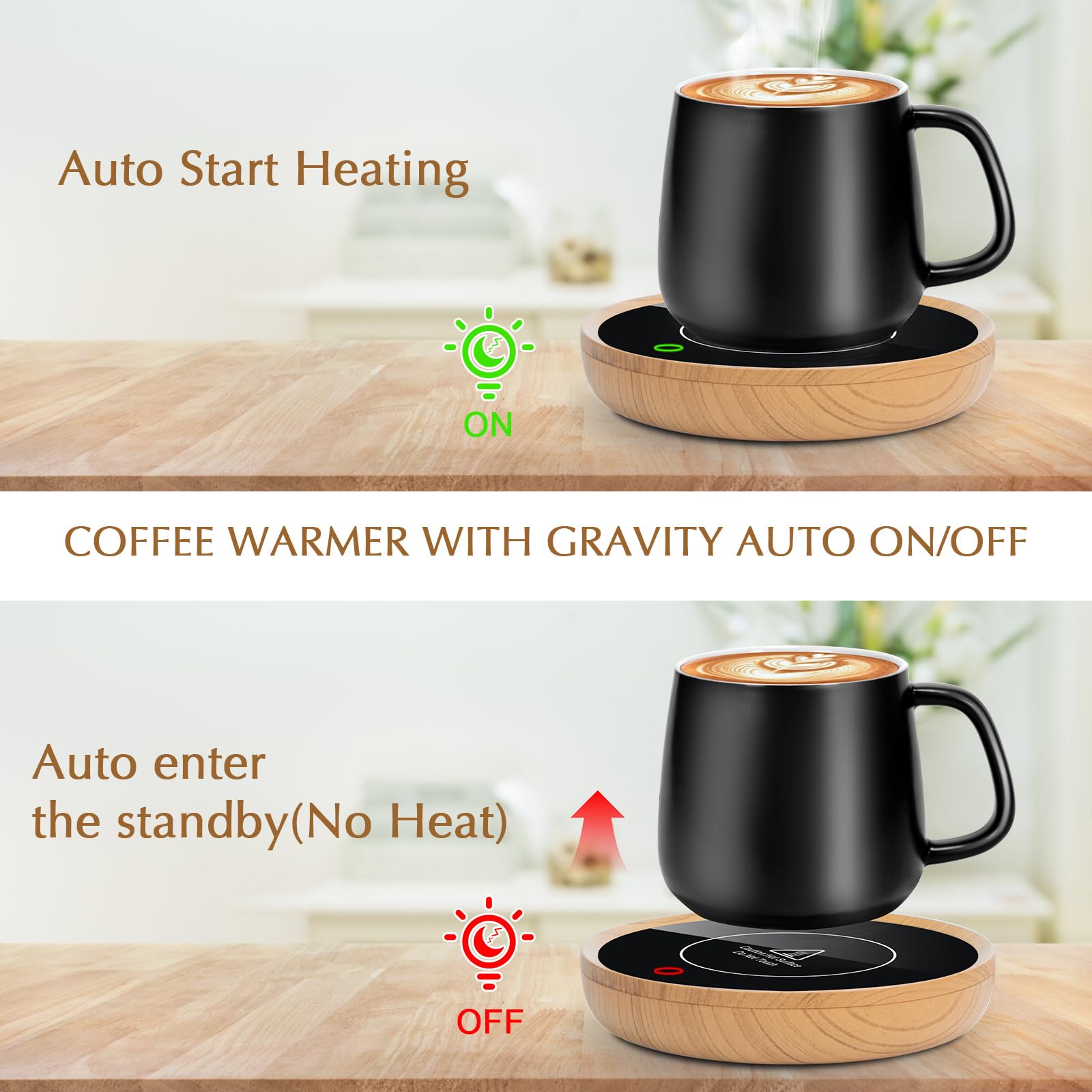 Coffee Mug Warmer Electric Coffee Cup Warmer for Desk Use Large Candle Warmer with Gravity Sensing Switch Auto Shut Off Coffee Warm Plate Smart Hot Beverages Warmer for Office Home Gifts (Light Wood)