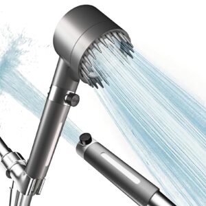 filtered shower head with handheld, 3 spray modes water saving high pressure showerhead set with 59″ hose、bracket、cotton filters, power wash for hard water, showerhead with on/off switch for pets bath