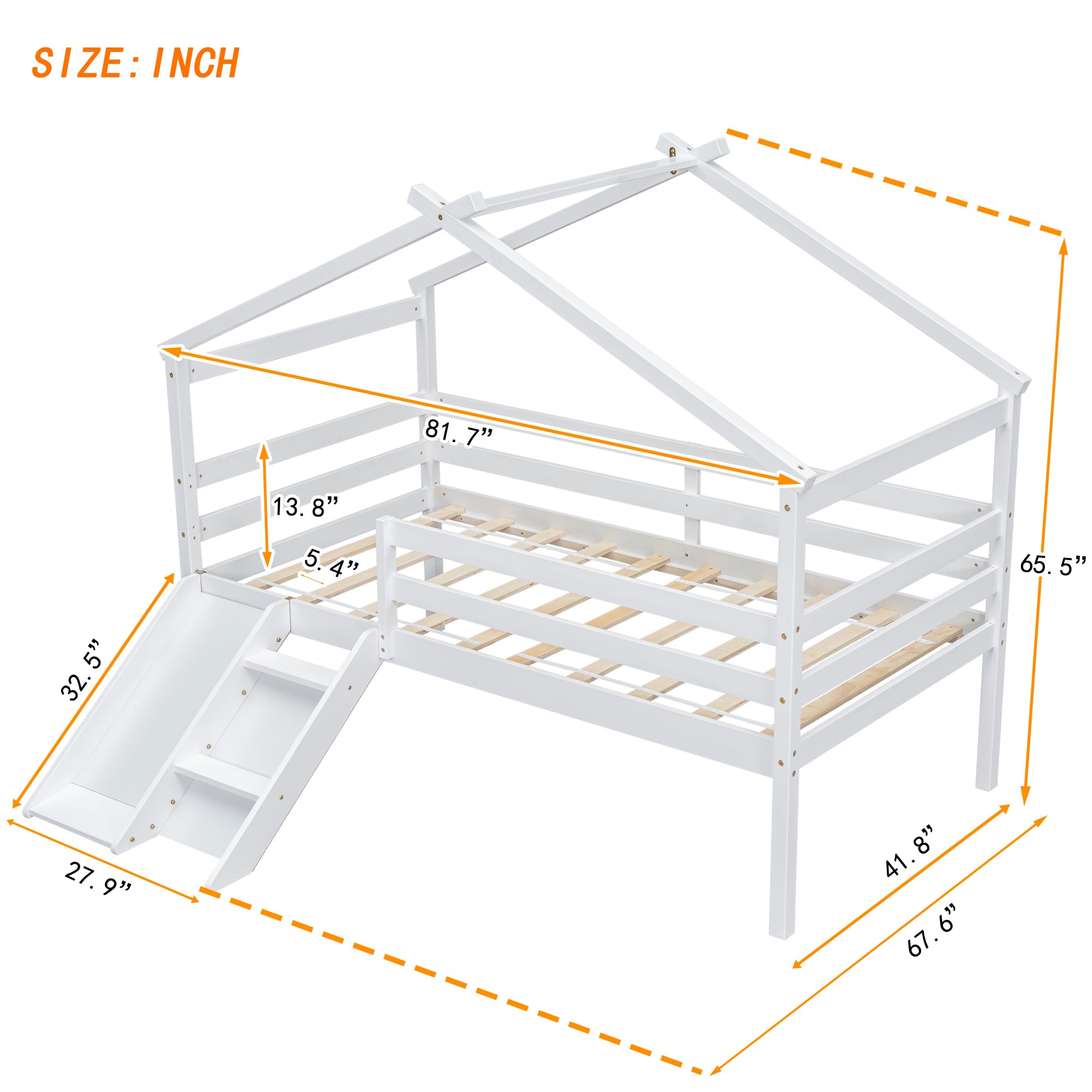 Bekeknlny Twin Low House Bed for Kids with Slide, Ladder, Safety Guardrails, Modern Wood Loft Bed for Boys Girls, No Box Spring Needed (White/House*L, Twin)