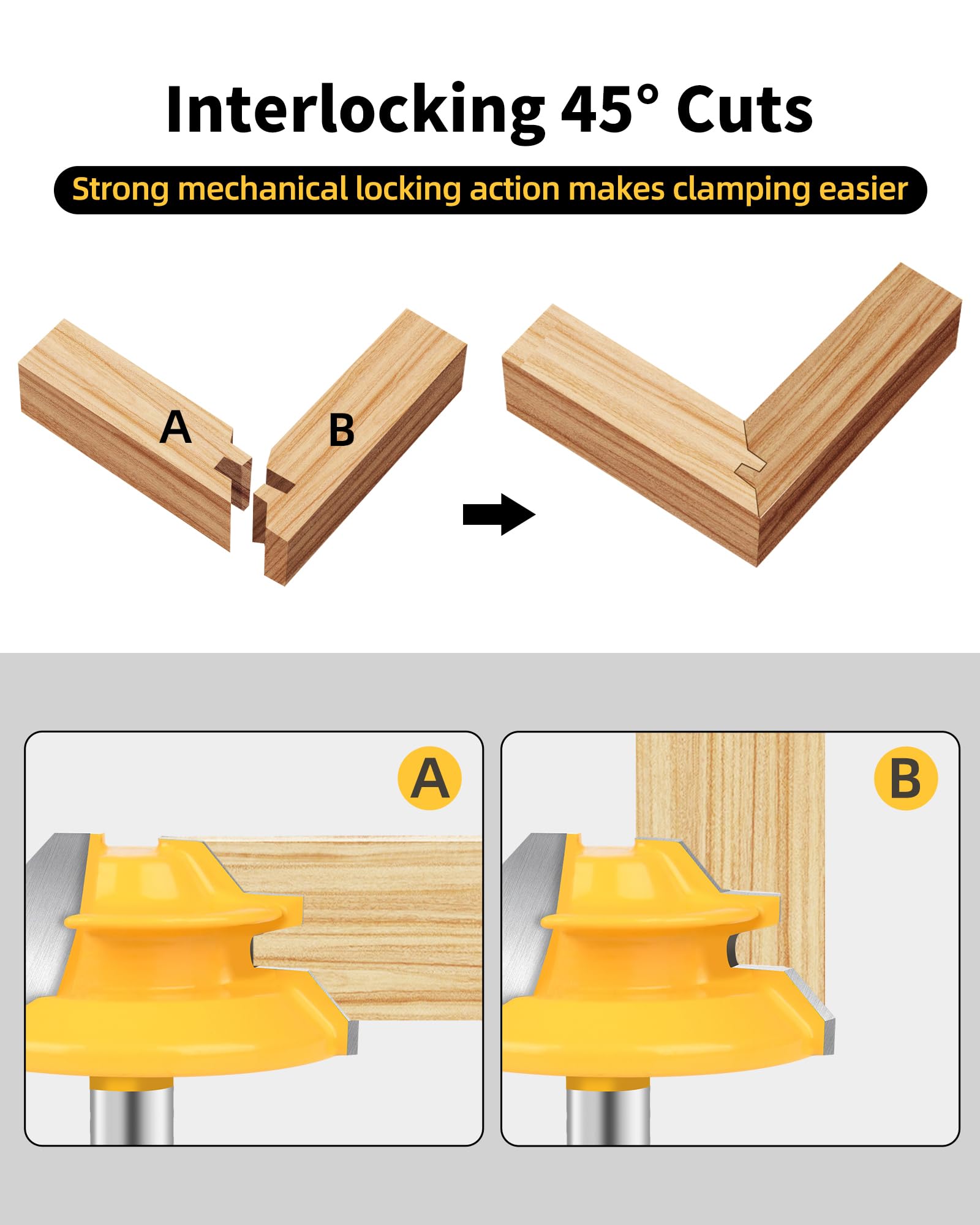 Router Bits, Allmake 3pcs Lock Miter Router Bits 1/4 Shank, 45 Degree Locking Miter Joint Router Bit Set for Woodworking Cabinetry Drawers Shadow Boxes, Work with Stock from 1/2" to 3/4" Thick