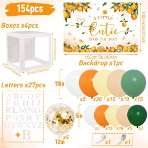 154PCS Little Cutie Baby Shower Balloon Boxes Decorations,Orange Balloon Garland Arch Kit with A Little Cutie is on the Way Backdrop, Baby Boxes with Letters for Orange Baby Shower Decorations