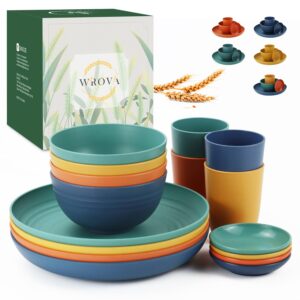 wrova wheat straw plates and bowls sets of 16 - unbreakable wheat straw dinnerware sets for kids - alternative plastic dinnerware set service for 4 - microwave safe and dishwasher safe bowls. colorful