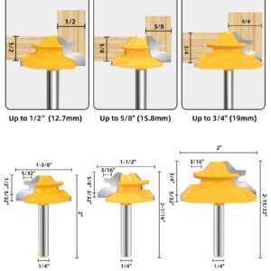 Router Bits, Allmake 3pcs Lock Miter Router Bits 1/4 Shank, 45 Degree Locking Miter Joint Router Bit Set for Woodworking Cabinetry Drawers Shadow Boxes, Work with Stock from 1/2" to 3/4" Thick