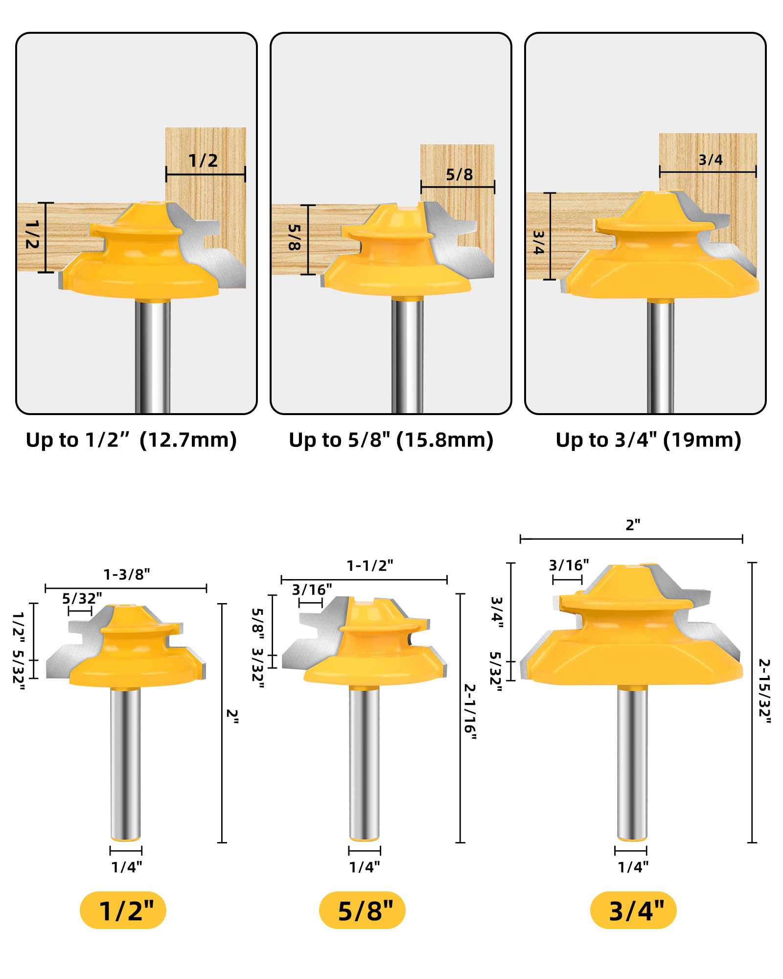 Router Bits, Allmake 3pcs Lock Miter Router Bits 1/4 Shank, 45 Degree Locking Miter Joint Router Bit Set for Woodworking Cabinetry Drawers Shadow Boxes, Work with Stock from 1/2" to 3/4" Thick