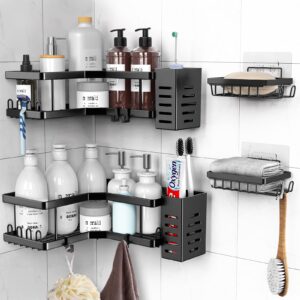 nechegi corner shower caddy 6 pack strong adhesive shower organizer shelves with 20 hooks & soap toothbrush holder, stainless steel corner shower shelves, no drilling adhesive large shower storage