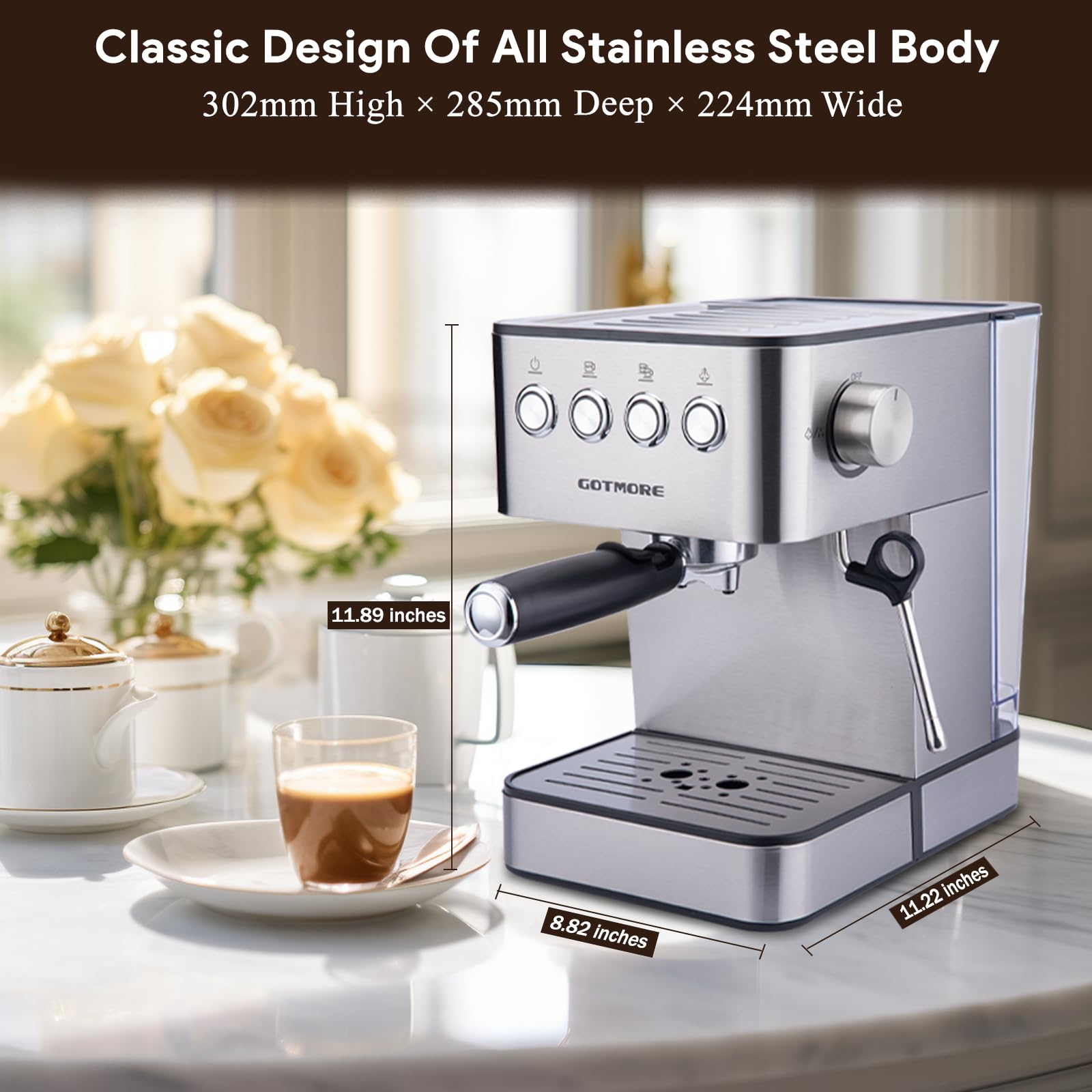 GOTMORE Espresso Coffee Machines, Stainless Steel Espresso Machine with Milk Frother Steam Wand for Latte Cappuccino, 15 bar Coffee Espresso Maker for Home with 60.8oz Removable Water Tank