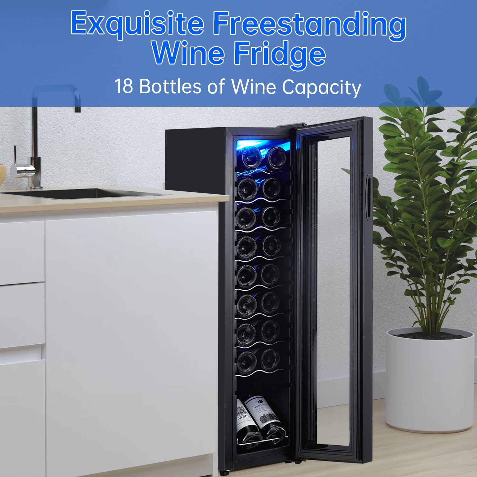 CuisinAid 1.84 Cu.Ft Wine Cooler Refrigerator, 18 Bottle Capacity Mini Wine Fridge With Adjustable Shelves, 40~64°F Digital Temperature Display, Wine Cellars With Led Light For Home, Office, Bar