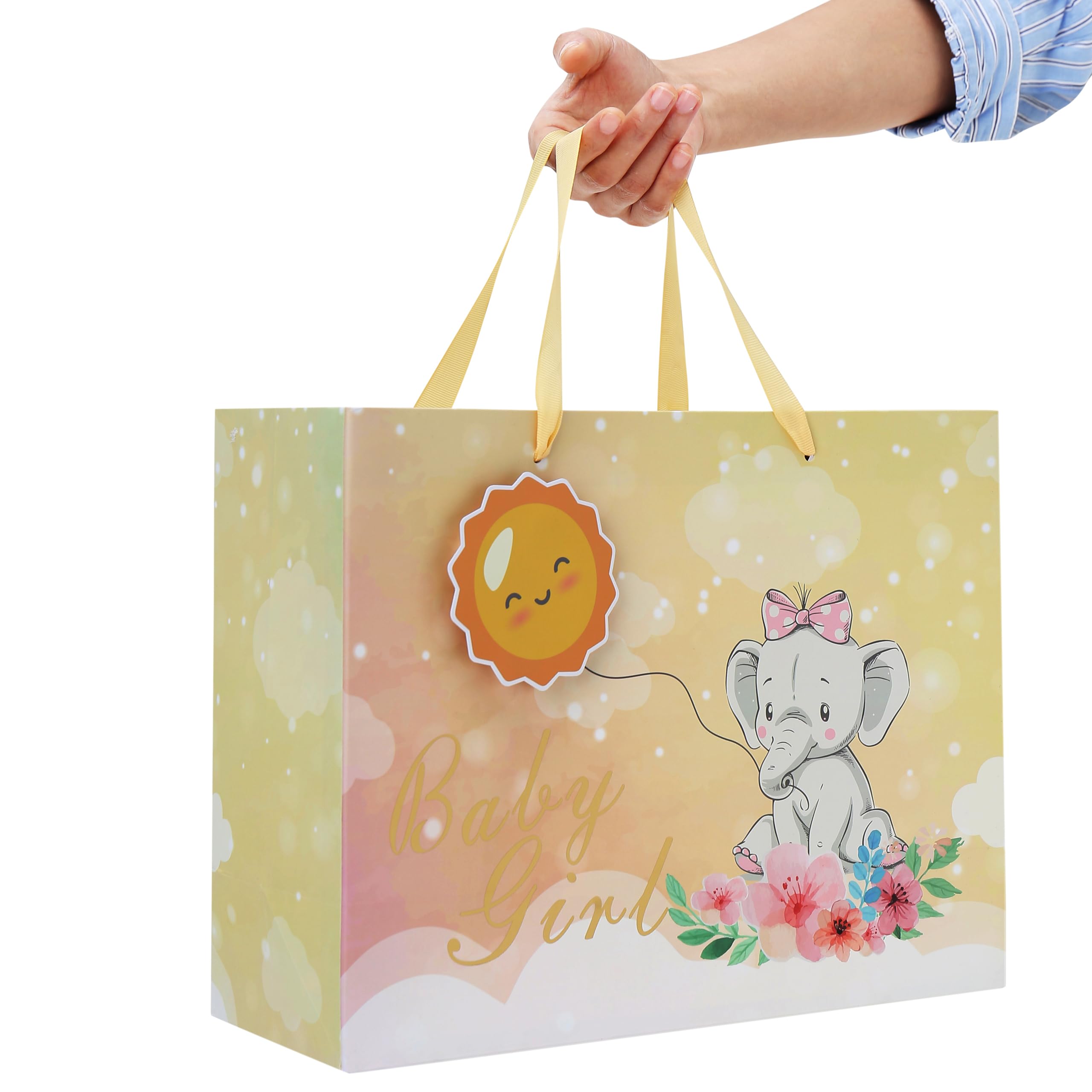 13” Large Light Yellow Cute Elephant Gift Bag Set with Greeting Card and Tissue Paper (3D Sun and Gold Foil ‘Baby Girl’) for Baby Girl, Baby Shower, Kids Birthday Party, Newborn, New Moms or Parents-13”x5.2”x10.2”, 1 Pcs.