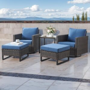 HUMMUH 5 Piece Patio Furniture Set All-Weather PE Wicker Outdoor Swivel Rocker Chairs Set of 2 with Ottomans Side Table for Patio,Porch,Garden,Backyard