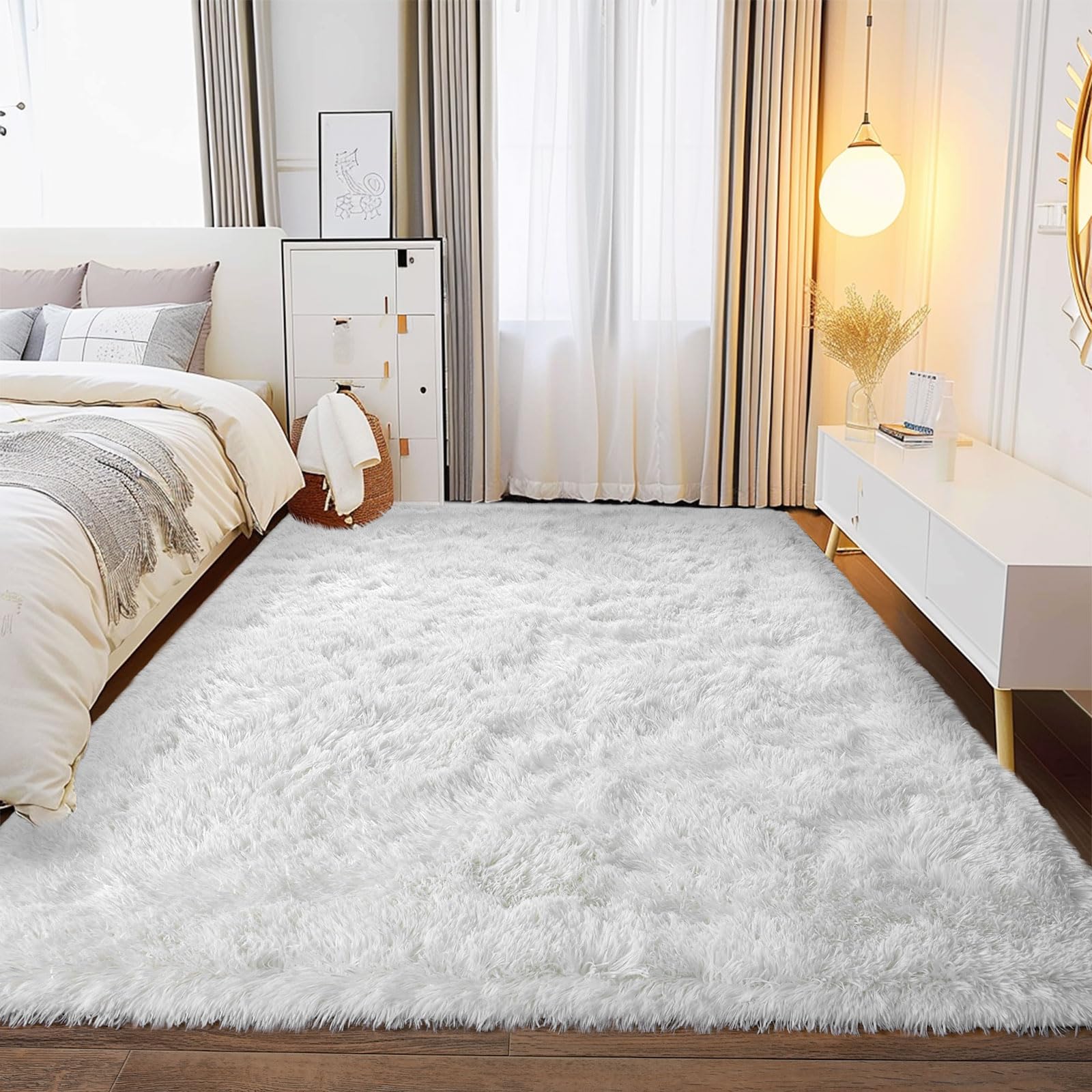 White Fluffy Rug for Bedroom White Fuzzy Rug Non-Slip Indoor Floor Carpet for Living Room Anti-Skid Rectangular Fuzzy Rug 8x10