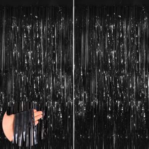 black 2 pack metallic tinsel foil fringe curtains, 3.3x8.3 feet black streamers for party, door streamers party decorations, party streamers for birthday christmas party decorations