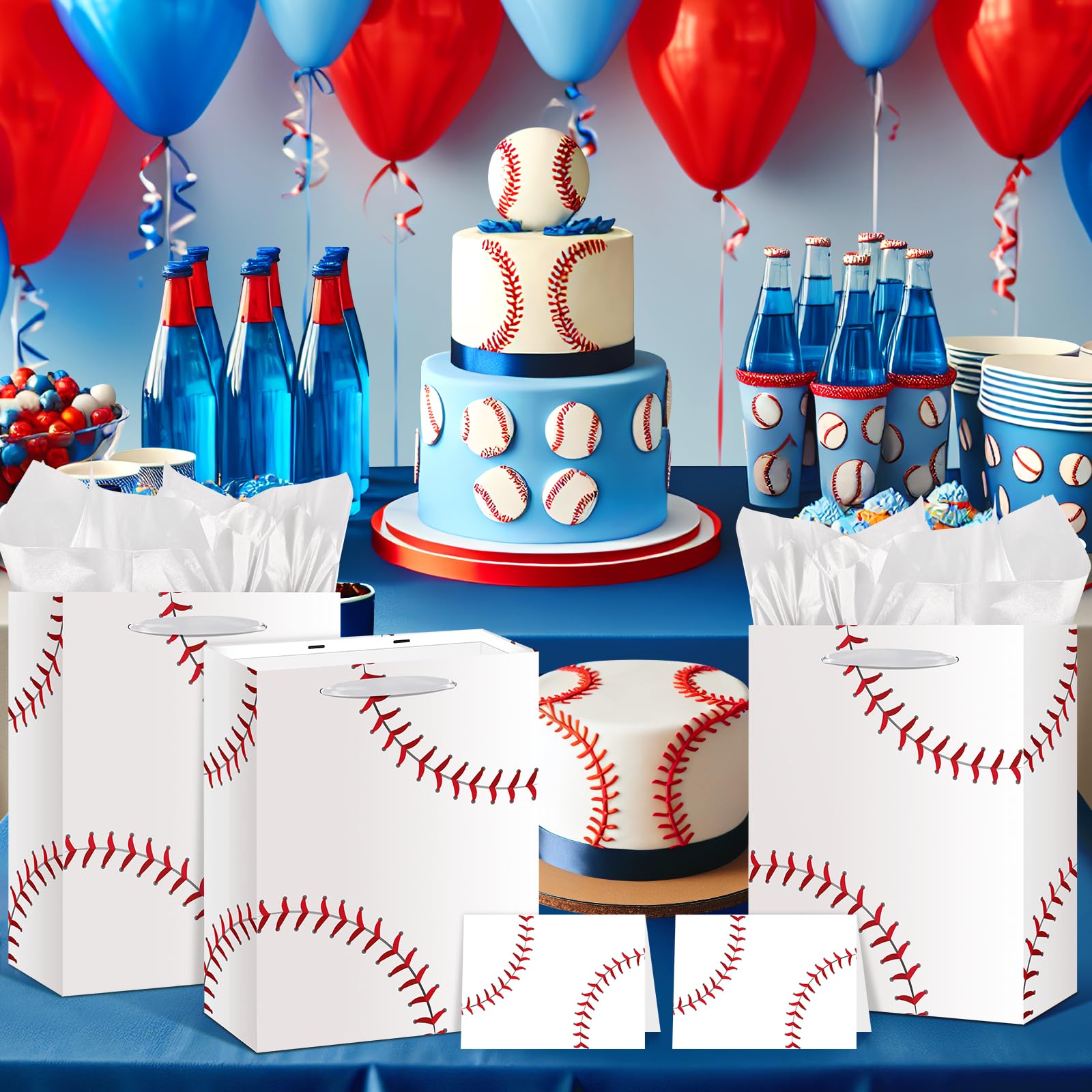 Baseball Party Gift Bag, Large White Baseball Gift Wrap Bags with Tissue Paper Greeting Card Decorations for Sport Party Favor Baseball Birthday Goodie Gifts Wrapping Bags for Kids Teens Team Supplies