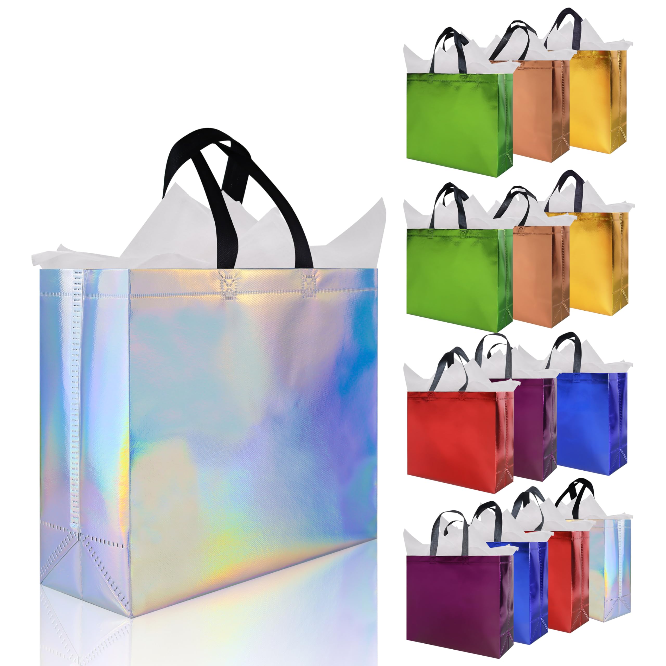 cabzymx 14 pcs Glossy Gift Bags Sets, 12.6 x 4.7 x 11 In Non-woven Reusable Party Bags with Sturdy Base, Mixcolor Goodie Bags Bulk for Birthdays, Weddings, Easter, Holiday, Party- 7 Colors