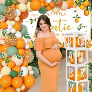 154PCS Little Cutie Baby Shower Balloon Boxes Decorations,Orange Balloon Garland Arch Kit with A Little Cutie is on the Way Backdrop, Baby Boxes with Letters for Orange Baby Shower Decorations