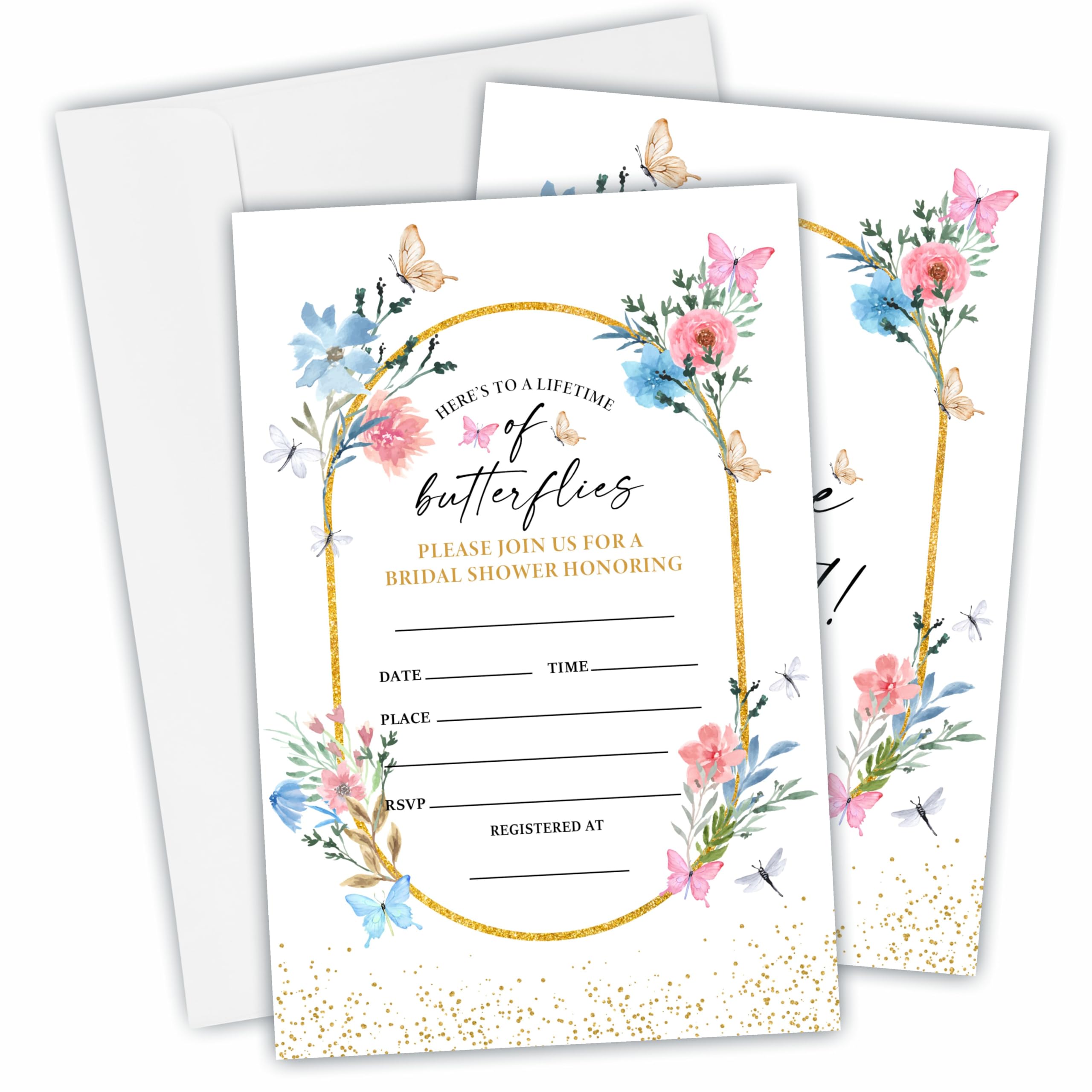 25 Bridal Shower Invitation Cards With Envelopes - Here's To A Lifetime Of Butterflies - Floral Golden Oval Invites For Newlyweds, Wedding & Bridal Shower Celebration, Party Favor & Decorations - B16