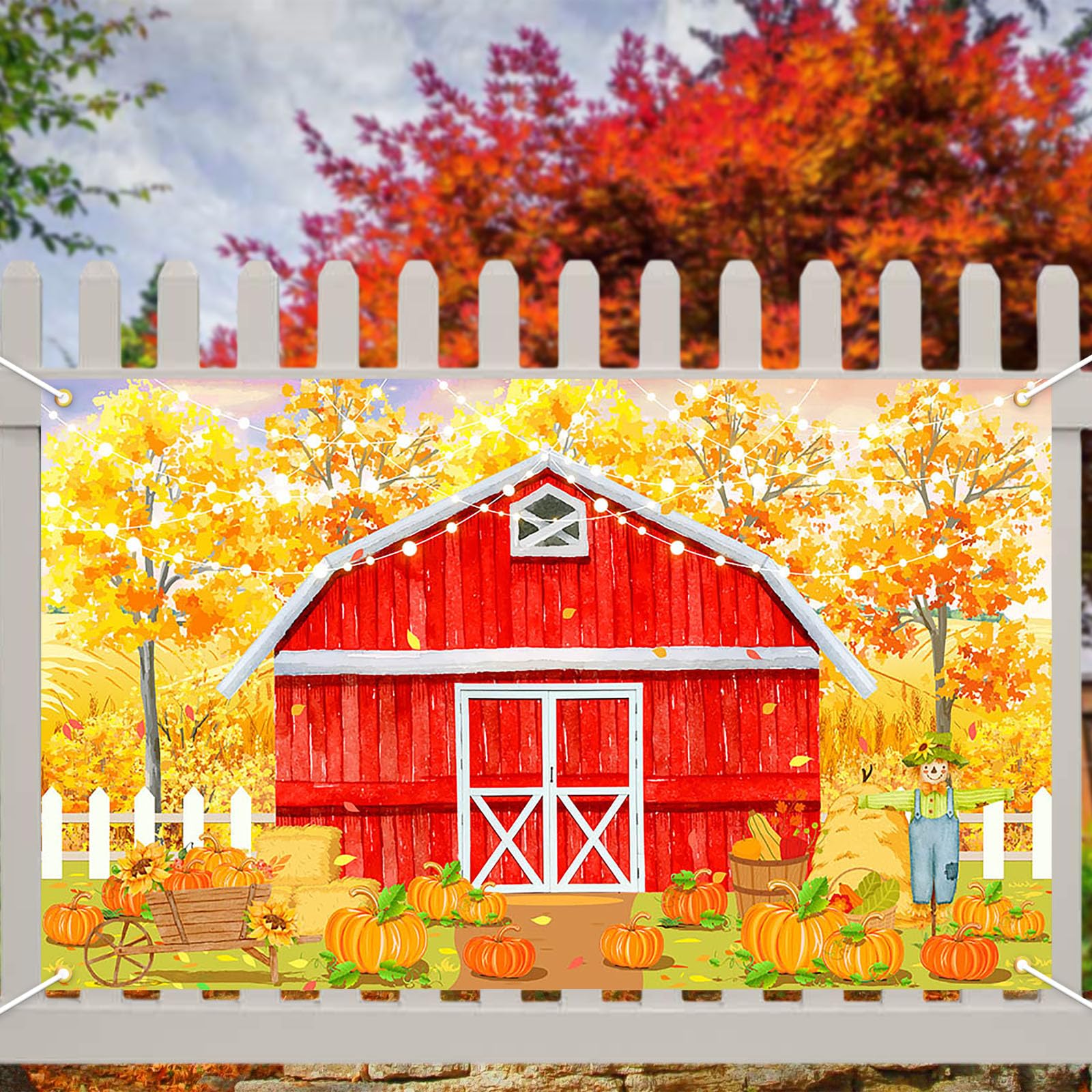 Avezano Fall Red Farm Backdrop Watercolor Autumn Pumpkin Patch Banner Fall Thanksgiving Day Baby Shower Birthday Party Decoration Banner 70.8 x 43.3 Inch