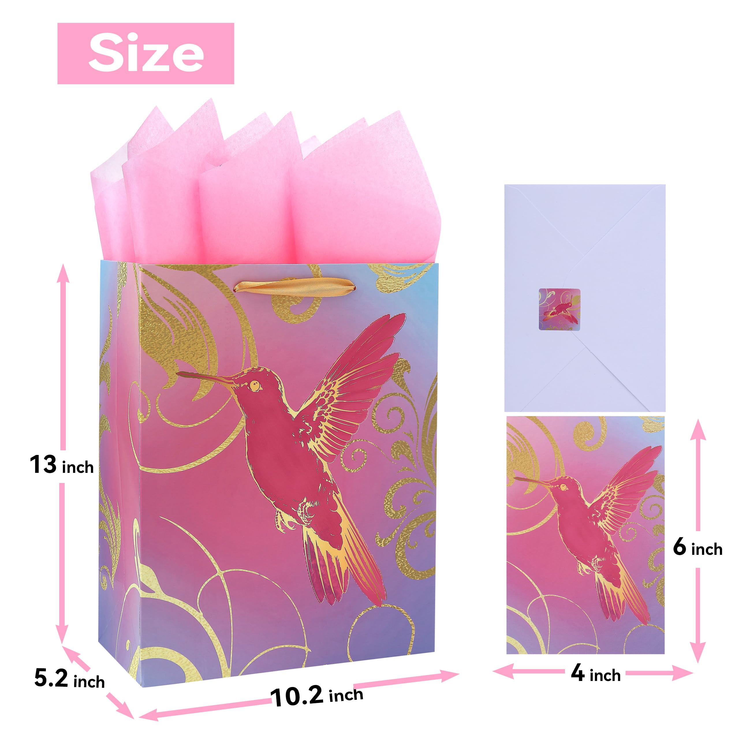 Qirrmiy 13" Large Pink Gift Bag Set with Greeting Card and Tissue Papers (A Pink Bird Design) for Celebrating Birthdays, Weddings, Anniversaries and Mother's Day-10.2”x5.2”x13”, 1 Pcs.