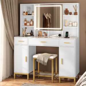 aogllati makeup vanity desk with lights, vanity desk with mirror and lights, white vanity set with charging station,big glass desktop, hidden and open storage shelves