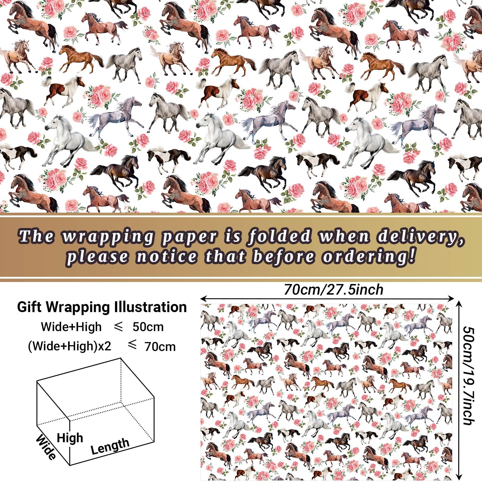 12 Sheets Horse Floral Wrapping Paper Run for The Roses Themed Gift Wrap Paper for Kentucky Derby Party Horse Racing Birthday Party DIY Craft, 19.7 × 27.6 Inch